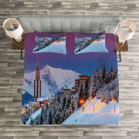 Majestic Sunrice Ski Print Winter Quilted Bedspread /& Pillow Shams Set
